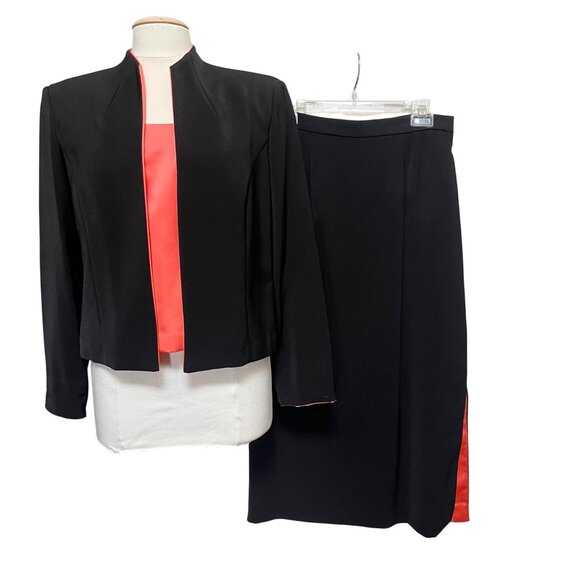 Black & Coral 3-Pc Womens Suit Set Jacket Top Skirt Size 14 - Positive Attitude - Picture 1 of 13